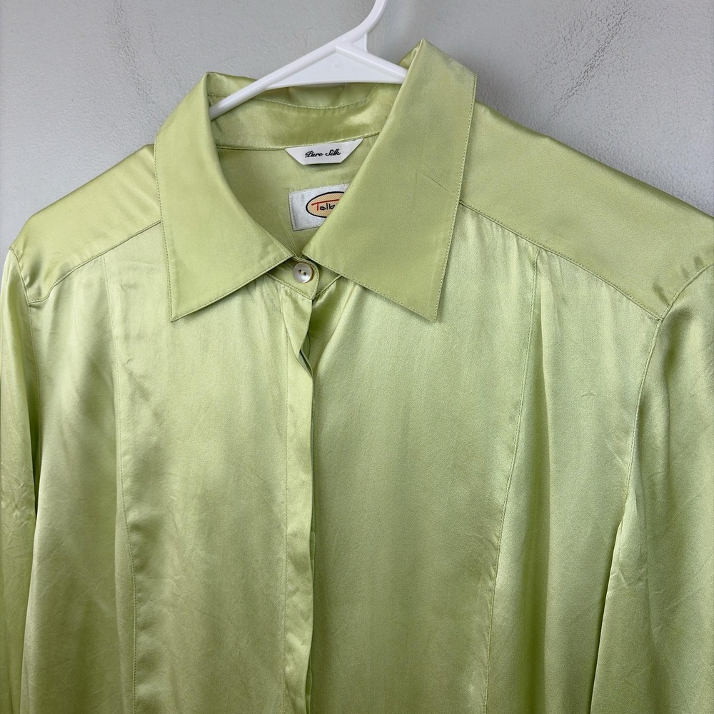 Talbots Shirt Womens 14 Green‎ Pure Silk Satin Long Sleeve Button Up Blouse